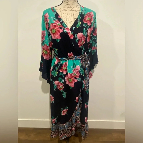Umgee Faux Wrap Midi Multicolor Boho Floral Dress Size Large - Picture 10 of 10